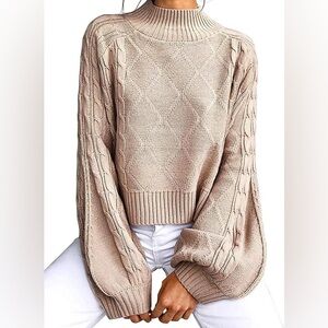 Women's Classic Beige Cable Knit Mock Turtleneck Sweater with Balloon Sleeves